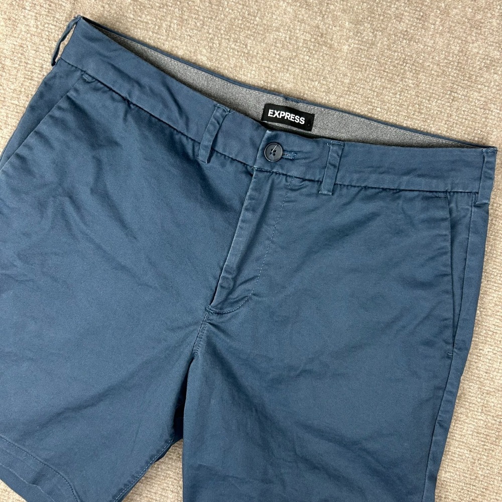 Express Chino Shorts Mens 31 Navy Blue Cotton Slim Fit Slash Pockets Mid Rise